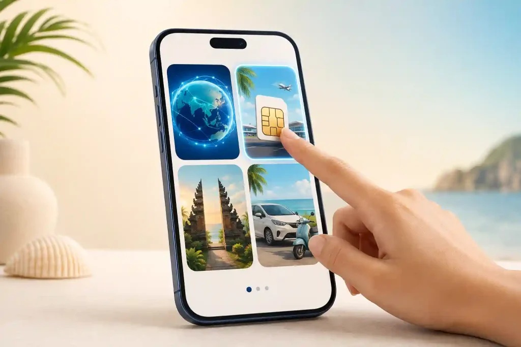 Customer choosing an eSIM or Bali travel service on eSIMTravel.id