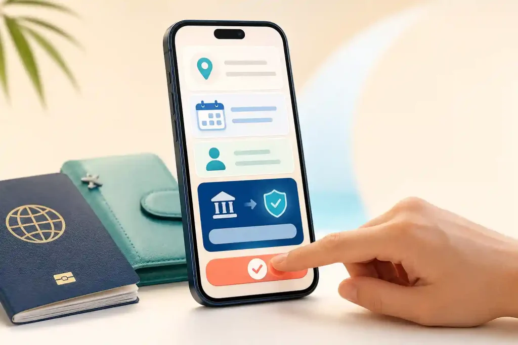 Customer entering travel details and completing an online booking