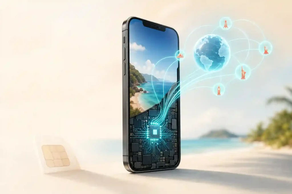 Embedded eSIM technology connecting a smartphone to mobile networks worldwide