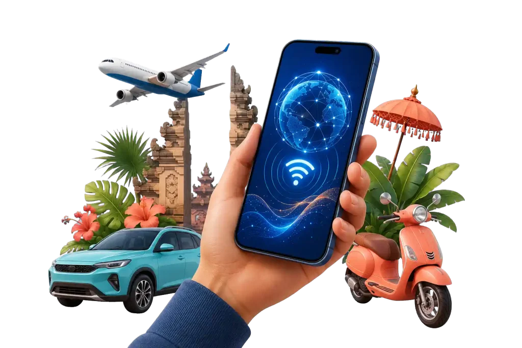 International eSIM and Bali travel services including flights, car rental and motorbike rental